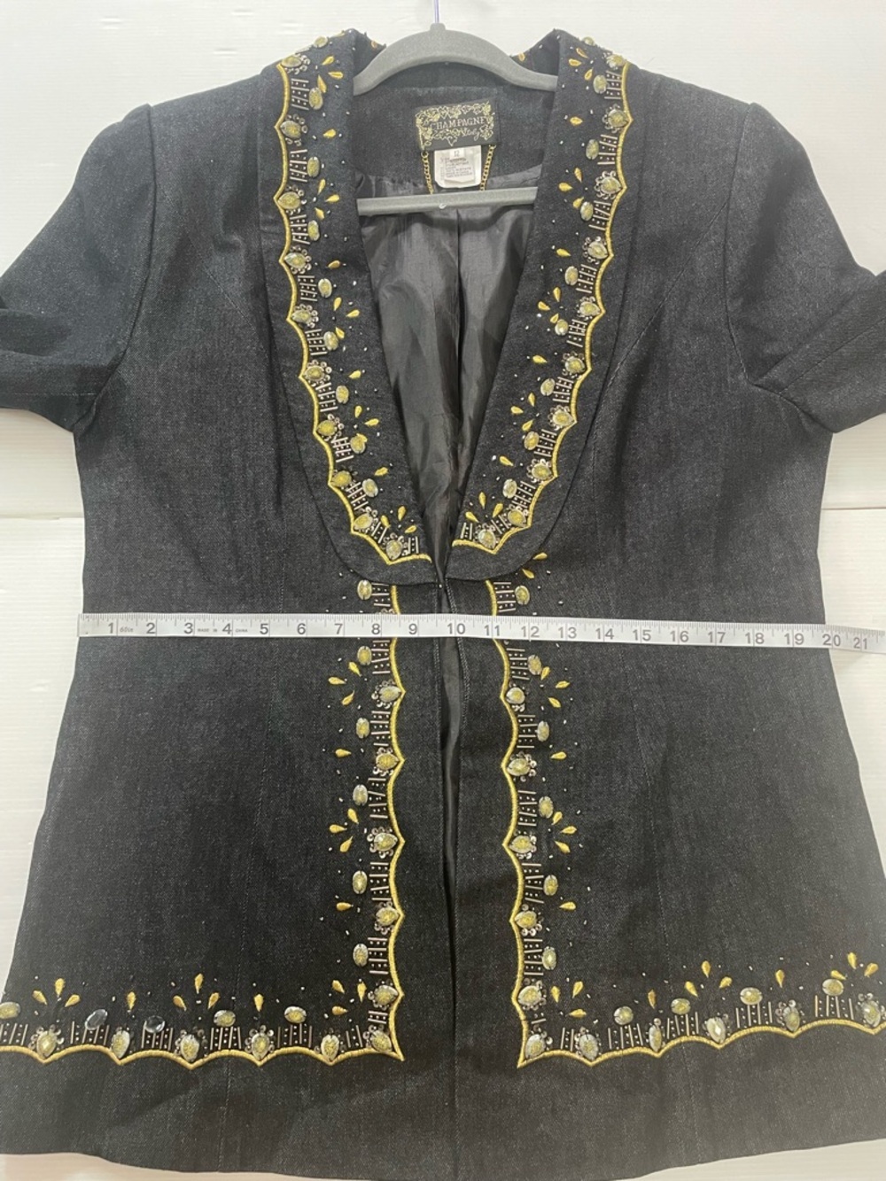 VTG Champagne Italy Gold Embroidered Silver Beaded Black Jacket Blazer Size 12 - Picture 9 of 11